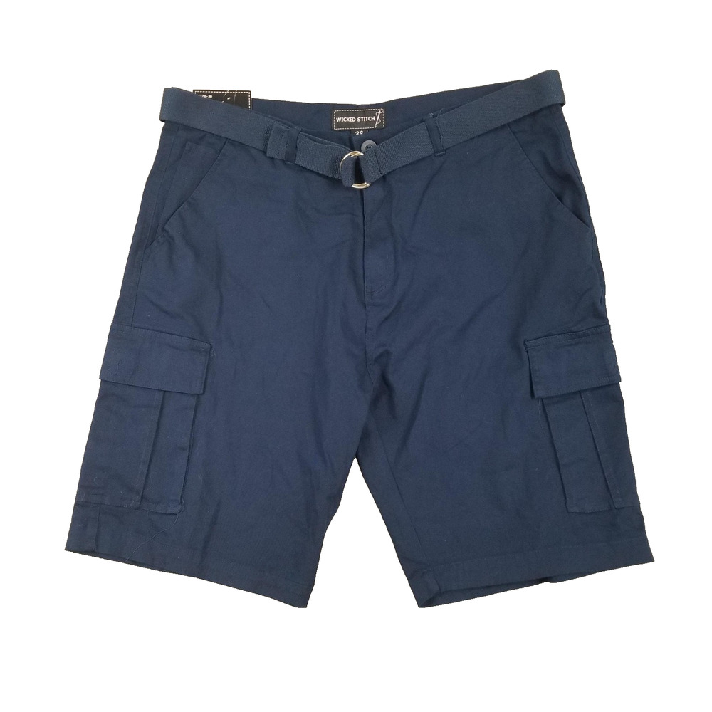 Wicked Stitch Cargo Shorts Mens 38‎ Navy Blue Belted Flex Fabric Pockets Outdoor